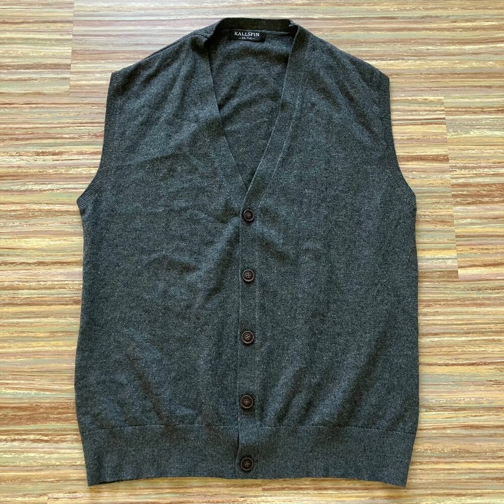 Kallspin V-Neck Button Front Sweater Vest Wool Blend Grey Heather XL Tall